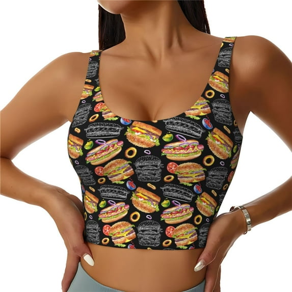 Fotbe Hamburgers Hot Dogs Pattern Womens' Sports Bra Longline Wirefree Padded with Medium Support Sports Moisture-Wicking Workou Vest,Tank Top-Small