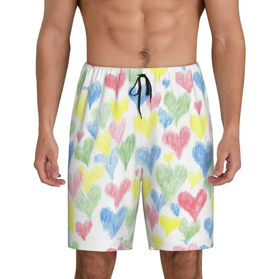 Fotbe Hand Drawn Colored Hearts Pajama Shorts for Men, Men's Pajama Bottoms, Sleepwear,Short Pajama Pants-Medium