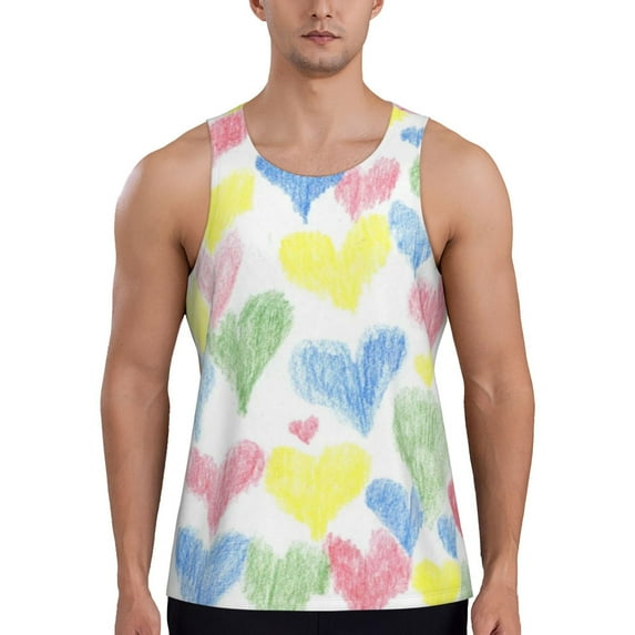 Fotbe Hand Drawn Colored Hearts Pattern Men's Quick Dry Workout Tank Top Gym Muscle Tee Fitness Bodybuilding Sleeveless T Shirt Breathable Workout Shirt-X-Large