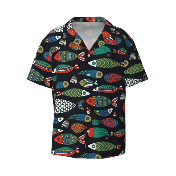 Fotbe Hand Drawn Colorful Fishes print Short Sleeve Button Down Shirts for Men Casual Summer Beach Wrinkle Free Shirt-Small