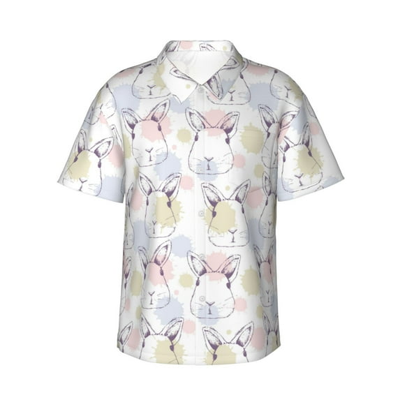 Fotbe Hand Drawn Rabbit Hawaiian Shirt for Men Unisex Summer Beach Casual Short Sleeve Cotton Linen Button Down Shirts-XX-Large