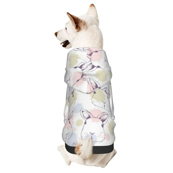 Fotbe Hand Drawn Rabbit Print Small Dog Sweater Hoodies Pet Grey Hooded Soft Fleece Sweatshirts with Pocket Fall Winter Puppy Cat Sweaters Warm Clothes-Large