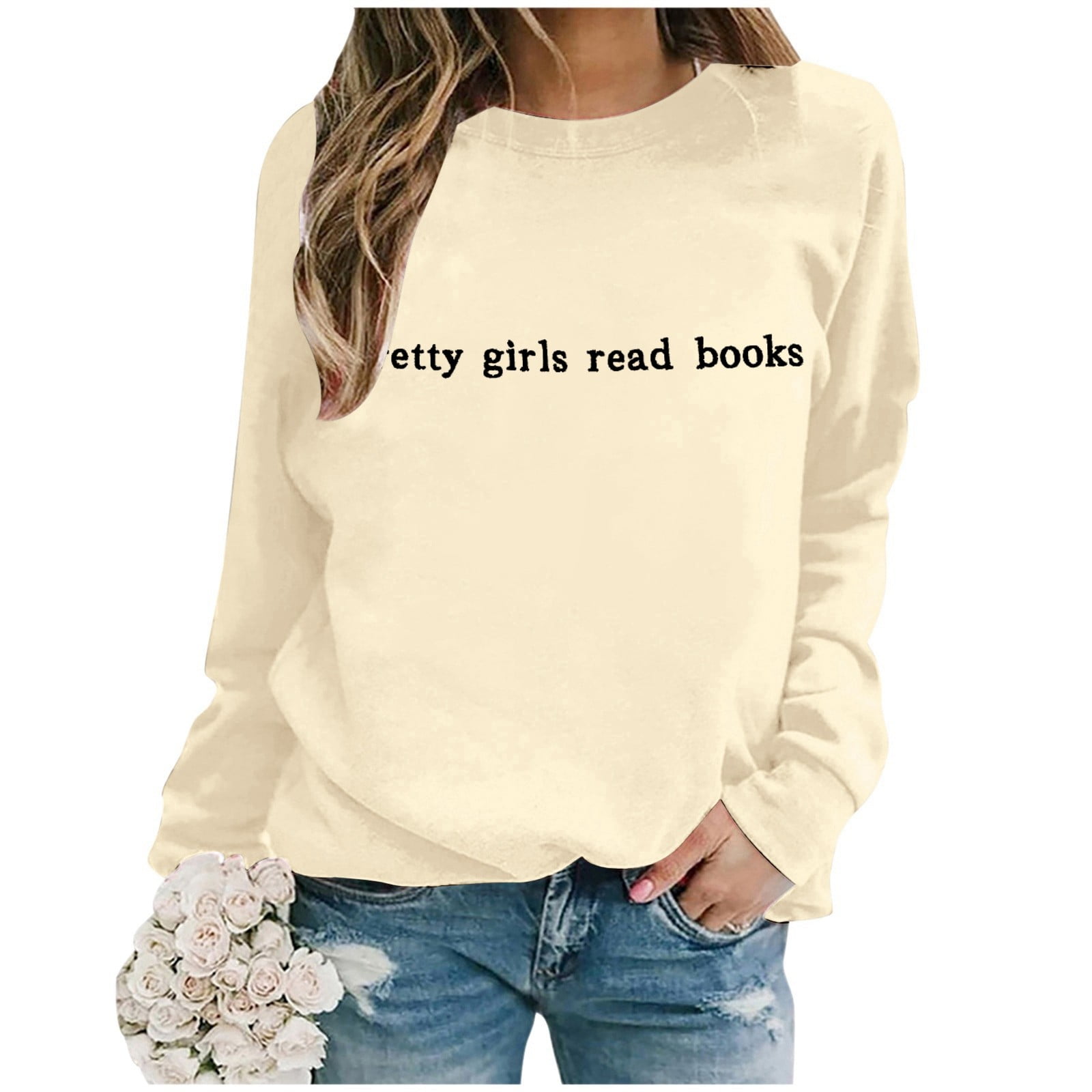 Women's Fall/Winter Fashion Casual Letters Print Loose Long Sleeve Crew Neck Hoodie No Hoodie Sweatshirt Front Zip Jacket Women Active Hoodie Women Baseball Hoodies Women Pretty Sweater Women