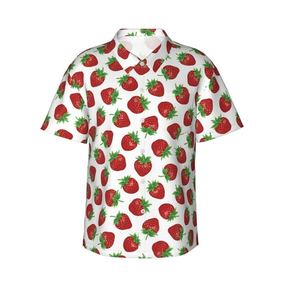 Fotbe Hand Drawn Strawberry Hawaiian Shirt for Men Unisex Summer Beach Casual Short Sleeve Cotton Linen Button Down Shirts-Large