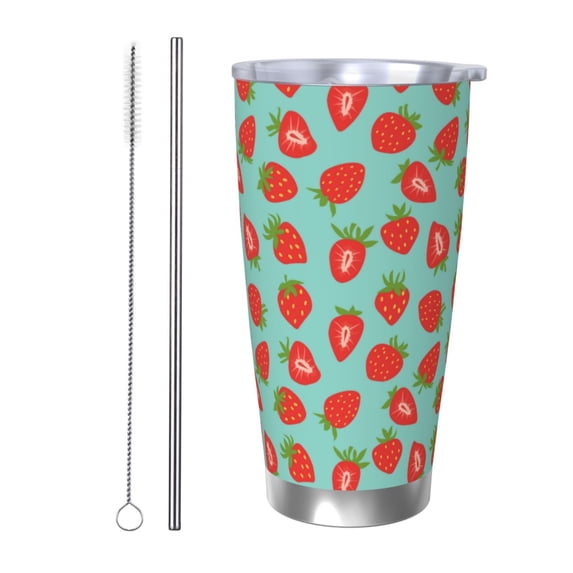Fotbe Hand Drawn Strawberry Pattern 20 oz Tumbler Stainless Steel Vacuum Insulated Coffee Ice Cup Double Wall Travel Flask Leak-proof Coffee Cup-Straw Two-piece Set