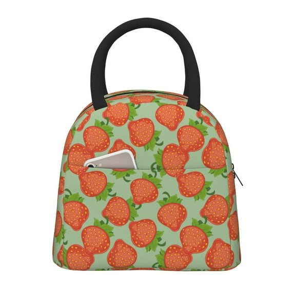 Fotbe Hand Drawn Strawberry Pattern Lunch Bag, Insulated Lunch Box, Small Leakproof Cooler Food Lunch Containers Reusable High Capacity Lunch Tote Bags for Work, Travel, Outdoor