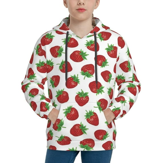 Fotbe Hand Drawn Strawberry Pattern Youth Pullover Hooded Sweatshirt, Boys Hoodie, Kangaroo Pocket Hoodie for Kids Girls -Small