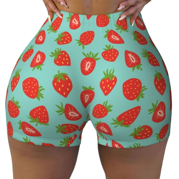 Fotbe Hand Drawn Strawberry Seamless Shorts, Womens Workout Shorts High Waist Stretch Booty Short for Gym/Yoga/Running/Biking-Small