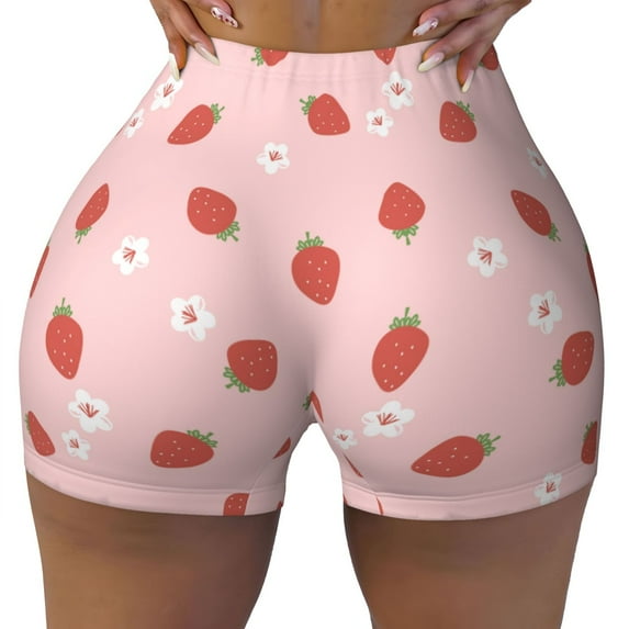 Fotbe Hand Drawn Strawberry Seamless Shorts, Womens Workout Shorts High Waist Stretch Booty Short for Gym/Yoga/Running/Biking-XX-Large