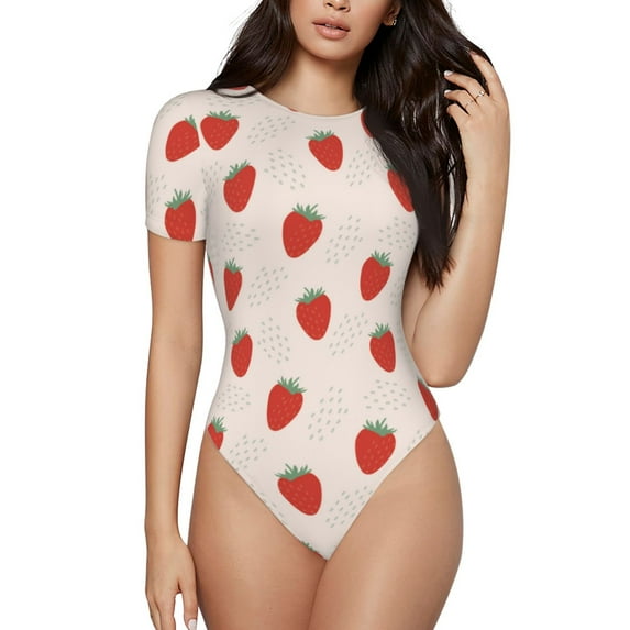 Fotbe Hand Drawn Strawberry Women's Crew Neck Short Sleeves Bodysuit Tops Round Neck Slim Sleeveless Soft Comfortable Basic-Small