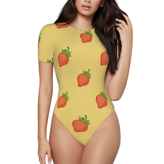 Fotbe Hand Drawn Strawberry Women's Crew Neck Short Sleeves Bodysuit Tops Round Neck Slim Sleeveless Soft Comfortable Basic-X-Large