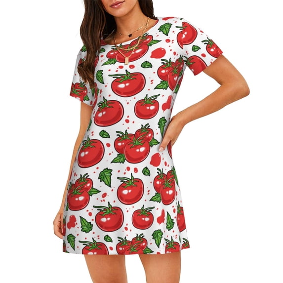 Fotbe Hand Drawn Tomatoes Pattern Women's Cotton Nightgown Sleepwear Short Sleeves Shirt Casual Print Sleepdress