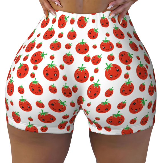 Fotbe Hand Drawn Tomatoes Seamless Shorts, Womens Workout Shorts High Waist Stretch Booty Short for Gym/Yoga/Running/Biking-XX-Large