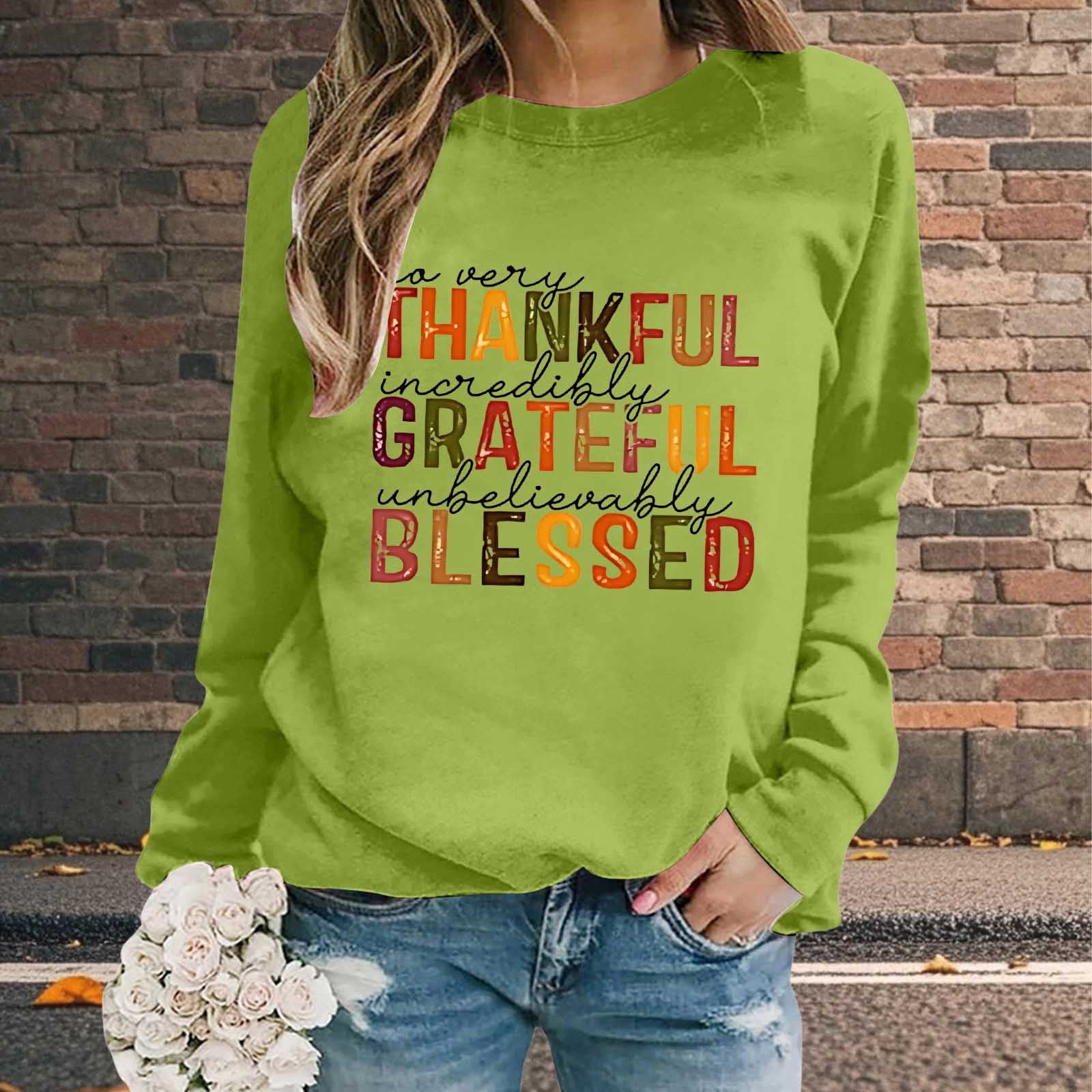 Thanksgiving Oversize Women Long Sleeve Crewneck Sweatshirts Letter Printed Lightweight Loose Sweatshirts Blouse Top Mens Long Sleeve Shirt Zip Hoodie Pocket Women Knit Sweater Pants Set Front Zip