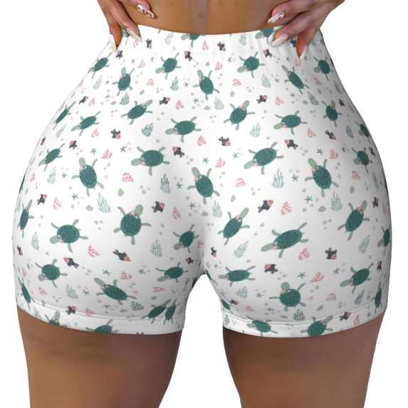 Fotbe Hand Drawn Turtle Seamless Shorts, Womens Workout Shorts High Waist Stretch Booty Short for Gym/Yoga/Running/Biking-