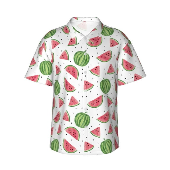 Fotbe Hand Drawn Watermelon Hawaiian Shirt for Men Unisex Summer Beach Casual Short Sleeve Cotton Linen Button Down Shirts-3X-Large