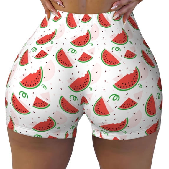 Fotbe Hand Drawn Watermelon Seamless Shorts, Womens Workout Shorts High Waist Stretch Booty Short for Gym/Yoga/Running/Biking-XX-Large