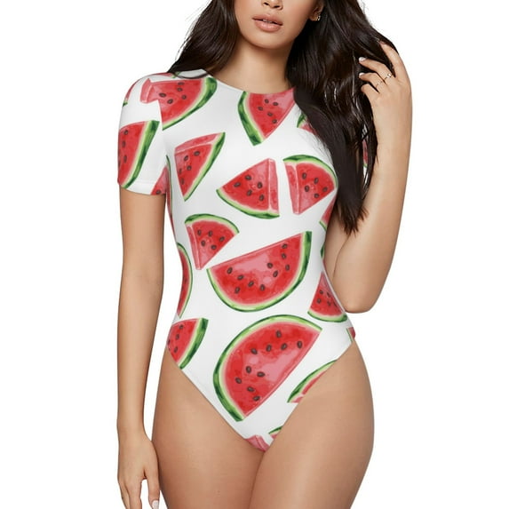 Fotbe Hand Drawn Watermelon Women's Crew Neck Short Sleeves Bodysuit Tops Round Neck Slim Sleeveless Soft Comfortable Basic-Large