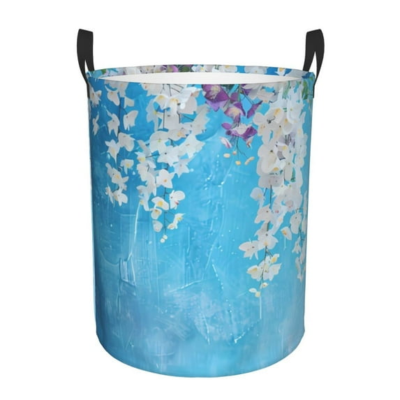 Fotbe Hanging Orchids Floral Blue Pattern Laundry Basket with Handles, Waterproof Large Laundry Hamper, Wash Bag for Corner Dorm, Rolling Laundry Basket with Handles-