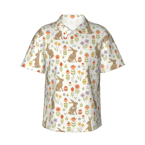 Fotbe Happy Easter Hawaiian Shirt for Men Unisex Summer Beach Casual Short Sleeve Cotton Linen Button Down Shirts-XX-Large