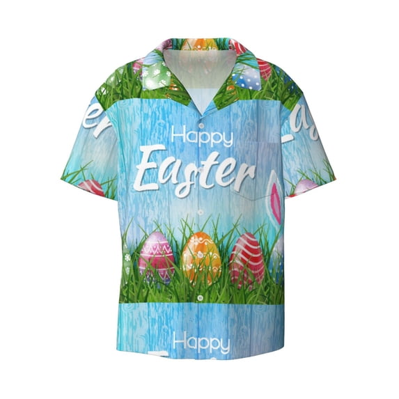 Fotbe Happy Easter print Short Sleeve Button Down Shirts for Men Casual Summer Beach Wrinkle Free Shirt-3X-Large