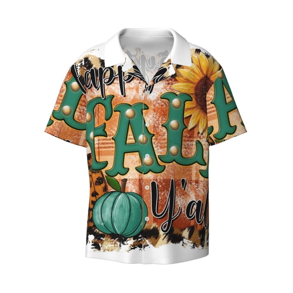 Fotbe Happy Fall Y'All print Short Sleeve Button Down Shirts for Men Casual Summer Beach Wrinkle Free Shirt-Large