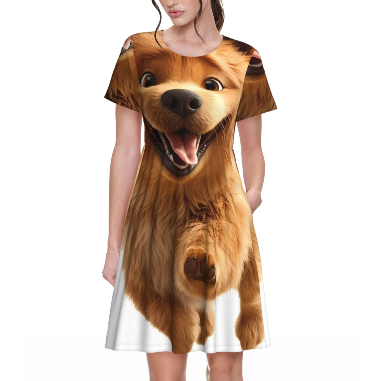 Fotbe Happy Fluffy Running Dog Pattern Dress Casual Womens Fashion ...