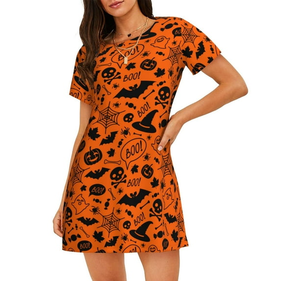 Fotbe Happy Halloween Pattern Women's Cotton Nightgown Sleepwear Short Sleeves Shirt Casual Print Sleepdress