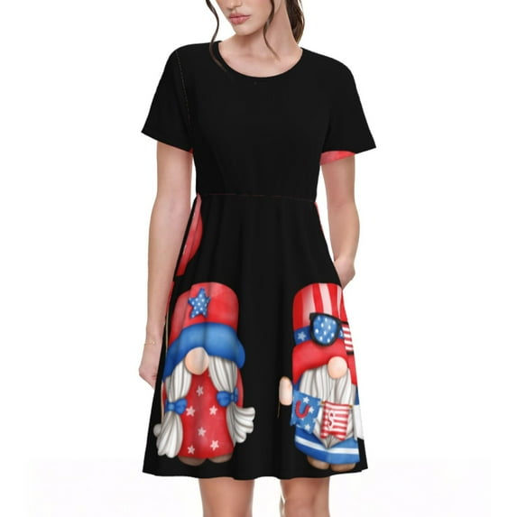 Fotbe Happy Independence Day Gnome Pattern Dress Casual Womens Fashion Short Sleeve Maxi Dress T Shirt Dress Striped Long Color Block Maxi Dress
