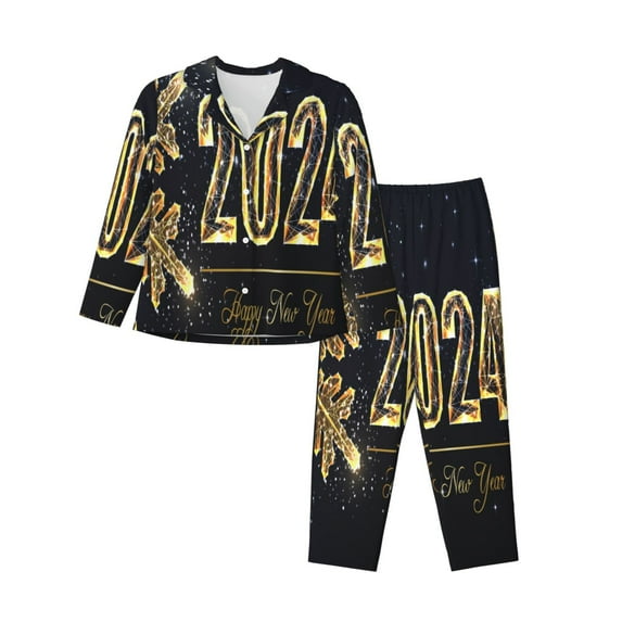Fotbe Happy New Year 2024 (5) Pattern Long Sleeve Pajama Set for Women,Sleepwear Set,2-piece Loungewear Set,Soft PJs Comfy Nightwear with Pockets -Large