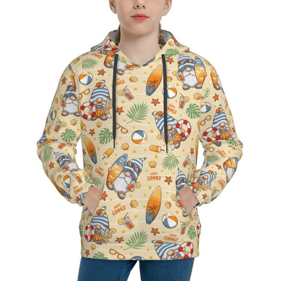 Fotbe Happy Summer With Gnome Pattern Youth Pullover Hooded Sweatshirt, Boys Hoodie, Kangaroo Pocket Hoodie for Kids Girls -Small