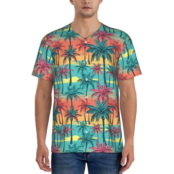 Fotbe Hawaii Palms Baseball Jersey Shirt for Men and Women, Casual Short Sleeves Button Down T-Shirt-Small