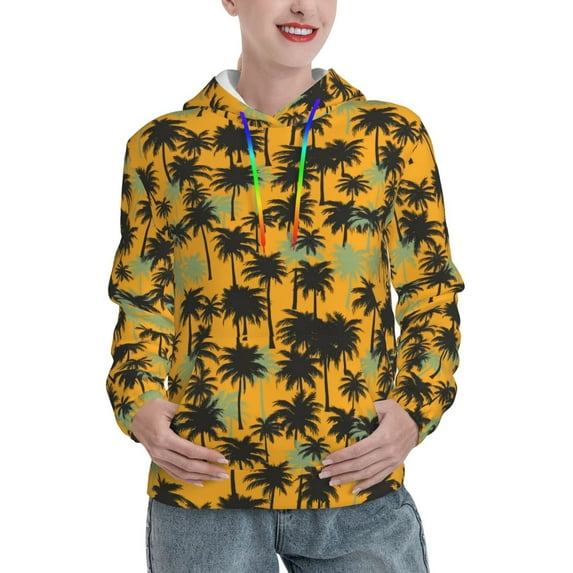 Fotbe Hawaii Palms Pattern Womens Long Sleeve Hoodie, Pullover Hooded Sweatshirt, Kangaroo Pocket Hoodie with Eye-catching Drawstrings-Medium