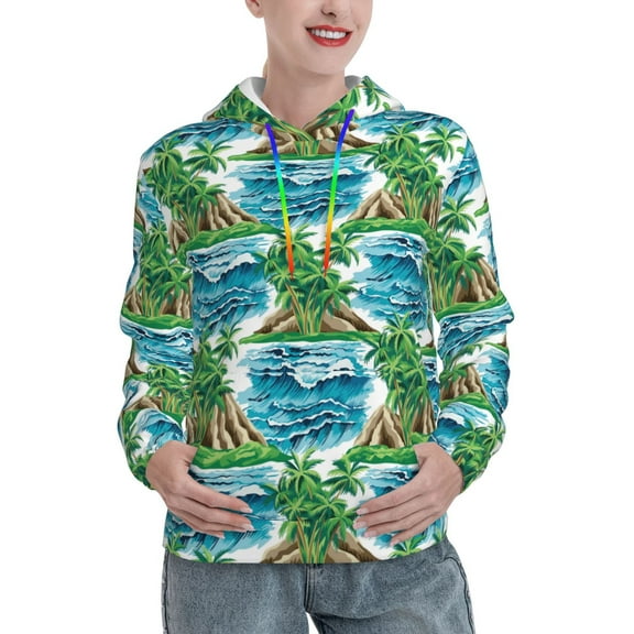 Fotbe Hawaii Palms Pattern Womens Long Sleeve Hoodie, Pullover Hooded Sweatshirt, Kangaroo Pocket Hoodie with Eye-catching Drawstrings-Small