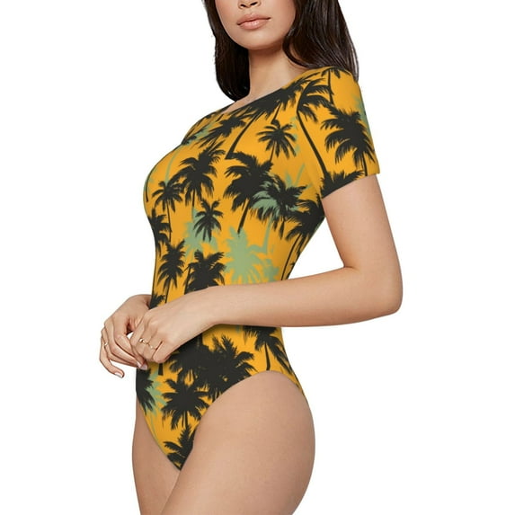 Fotbe Hawaii Palms Women's Crew Neck Short Sleeves Bodysuit Tops Round Neck Slim Sleeveless Soft Comfortable Basic-Medium
