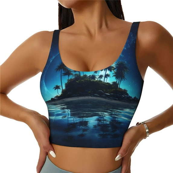 Fotbe Hawaiian Beach Pirate Moon Pattern Womens' Sports Bra Longline Wirefree Padded with Medium Support Sports Moisture-Wicking Workou Vest,Tank Top-Medium