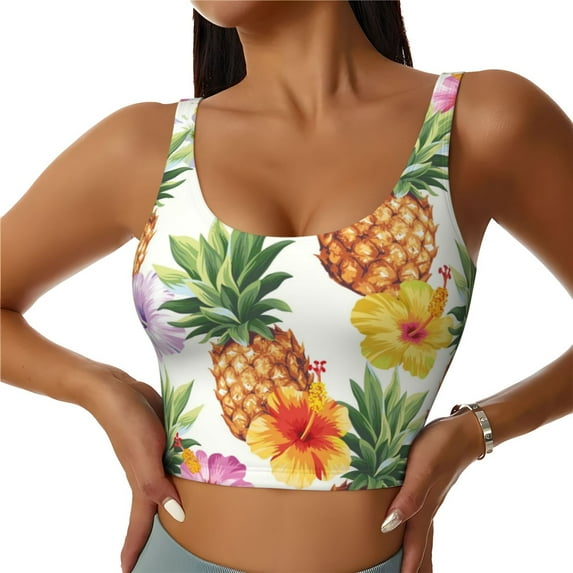 Fotbe Hawaiian Pineappl Pattern Womens' Sports Bra Longline Wirefree Padded with Medium Support Sports Moisture-Wicking Workou Vest,Tank Top-XX-Large