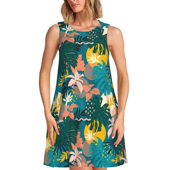 Fotbe Hawaiian Style Pattern Women’s Summer Tank Midi Dress – Sleeveless A-Line Dress, Floral T-Shirt Dress, Casual Flowing Beach Sundress