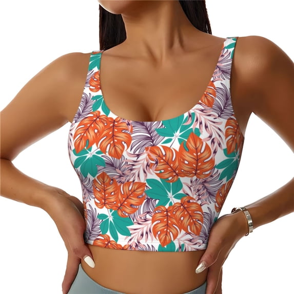 Fotbe Hawaiian Style Pattern Womens' Sports Bra Longline Wirefree Padded with Medium Support Sports Moisture-Wicking Workou Vest,Tank Top-Medium