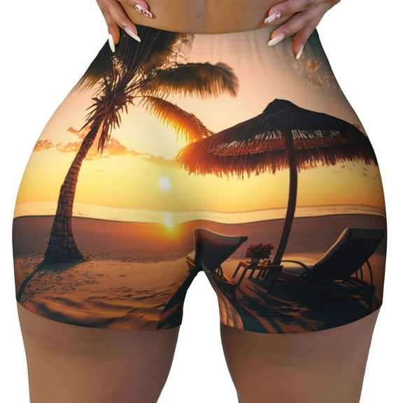 Fotbe Hawaiian Sunset Beach Seamless Shorts, Womens Workout Shorts High Waist Stretch Booty Short for Gym/Yoga/Running/Biking-Medium