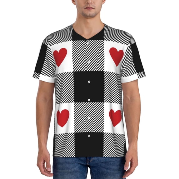 Fotbe Heart Black Buffalo Plaid Gingham Baseball Jersey Shirt for Men and Women, Casual Short Sleeves Button Down T-Shirt-Large