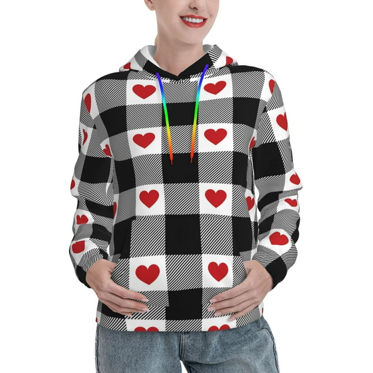 Fotbe Heart Black Buffalo Plaid Gingham Pattern Womens Long Sleeve Hoodie Pullover Hooded Sweatshirt Kangaroo Pocket Hoodie with Eye catching