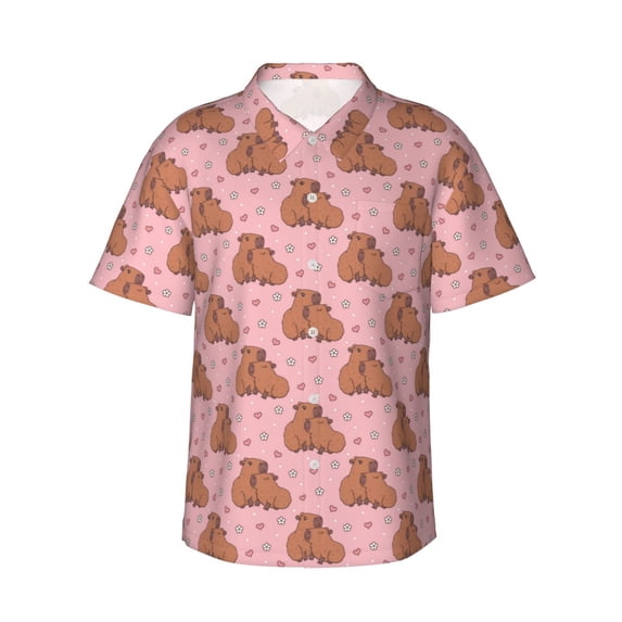 Fotbe Heart Capybara Hawaiian Shirt for Men Unisex Summer Beach Casual Short Sleeve Cotton Linen Button Down Shirts-Large