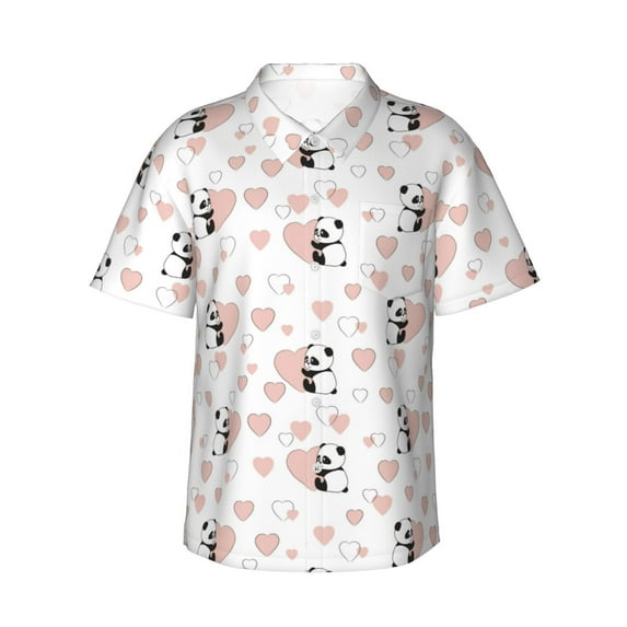 Fotbe Heart Panda Hawaiian Shirt for Men Unisex Summer Beach Casual Short Sleeve Cotton Linen Button Down Shirts-X-Large