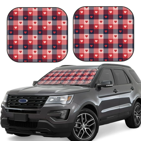 Fotbe Heart Plaid 2-Piece Car Windshield Sun Shade | Sun Blocker for Car Windshield | Foldable Automotive Interior Accessories for Sun Protection-Medium