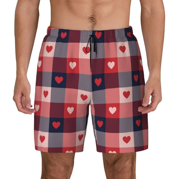 Fotbe Heart Plaid Men’s Swim Trunks Quick Dry Swim Shorts Board Shorts with Mesh Lining-3X-Large
