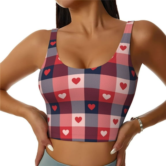 Fotbe Heart Plaid Pattern Womens' Sports Bra Longline Wirefree Padded with Medium Support Sports Moisture-Wicking Workou Vest,Tank Top-XX-Large