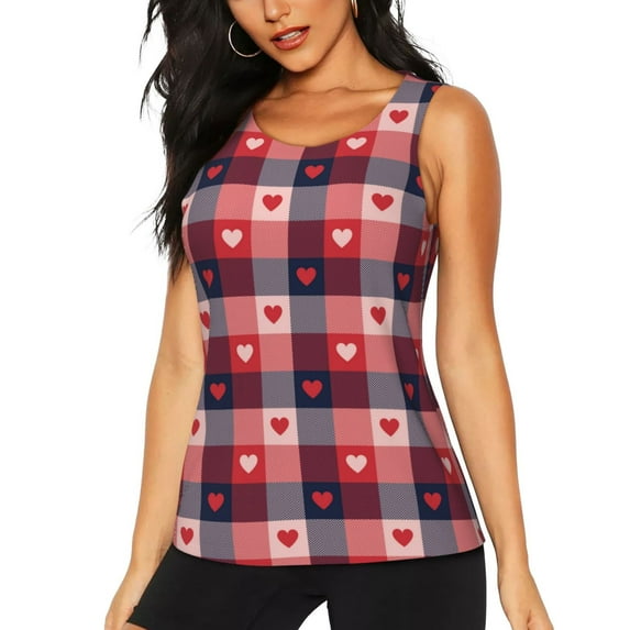 Fotbe Heart Plaid Womens Loose Fit Casual Flowy Slim-Fit Tank Tops Athletic Round Neck Trendy Sleeveless Summer Tops for Gym and Yoga-Medium