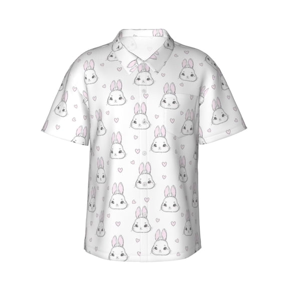 Fotbe Heart Rabbit Hawaiian Shirt for Men Unisex Summer Beach Casual Short Sleeve Cotton Linen Button Down Shirts-XX-Large