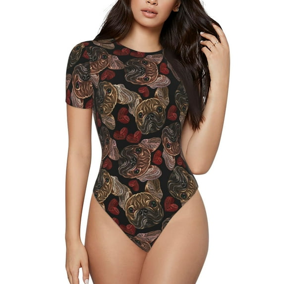 Fotbe Hearts and French Bulldog Women's Crew Neck Short Sleeves Bodysuit Tops Round Neck Slim Sleeveless Soft Comfortable Basic-XX-Large